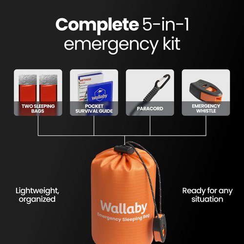Wallaby 2-Pack Emergency Mylar Sleeping Bags with Nylon Pouches, Whistle Pull & Paracord with Carabiners, Free Survival Guide (Orange)