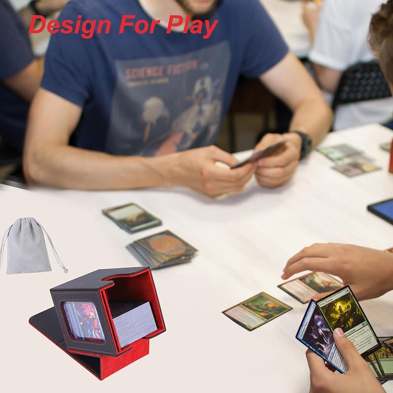 AFIING MTG Commander Deck Box with Drawstring Bag, 100 Double-Sleeve Cards, 2 Dividers, Toploader – Black/Red