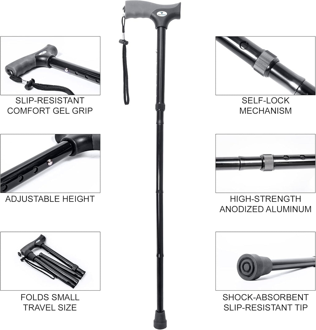 Vaunn Medical Folding Cane - Height Adjustable Walking Stick with Non-Slip Grip | Compact & Portable for Men, Women, Elderly
