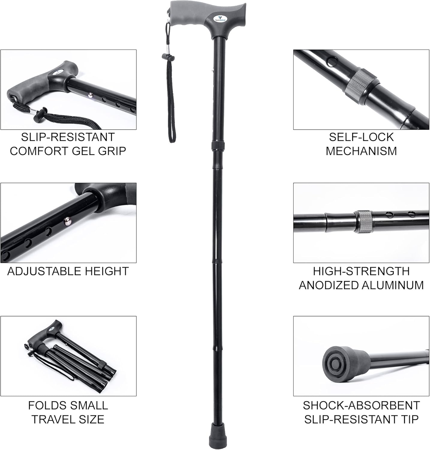 Vaunn Medical Folding Cane - Height Adjustable Walking Stick with Non-Slip Grip | Compact & Portable for Men, Women, Elderly