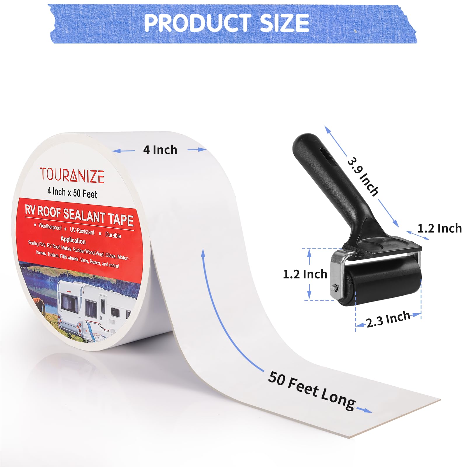 Touranize RV Roof Tape with Rubber Roller, 4 Inch x 50 Feet RV Sealant Tape for Camper Roof Repair, Boat Sealing, Trailer Roofing Seam Leaks, UV Resistant, Waterproof, White