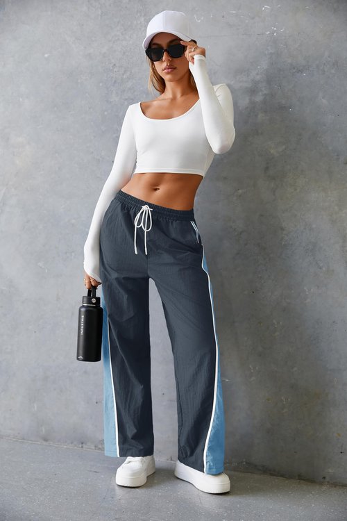 Fisoew Women's Baggy Wide Leg Track Pants Casual Drawstring Elastic Waisted Color Block Workout Y2K Active Pants Navy