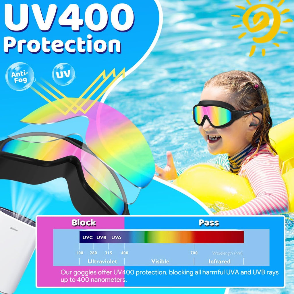Vvinca Swim Goggles - Kids' Anti-Fog & UV Protection Goggles with Earplugs & Nose Clip | Ages 3-15