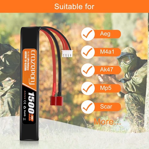 Crazepony 11.1V 1500mAh 3S LiPo Airsoft Battery - Rechargeable with T-Plug & JST XH Connector