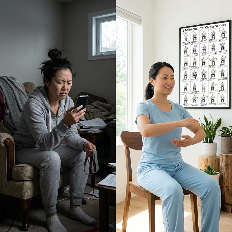 Chair Tai Chi Workout Chart for Seniors – Seated Exercises Canvas Wall Art (A) 24" x 16"