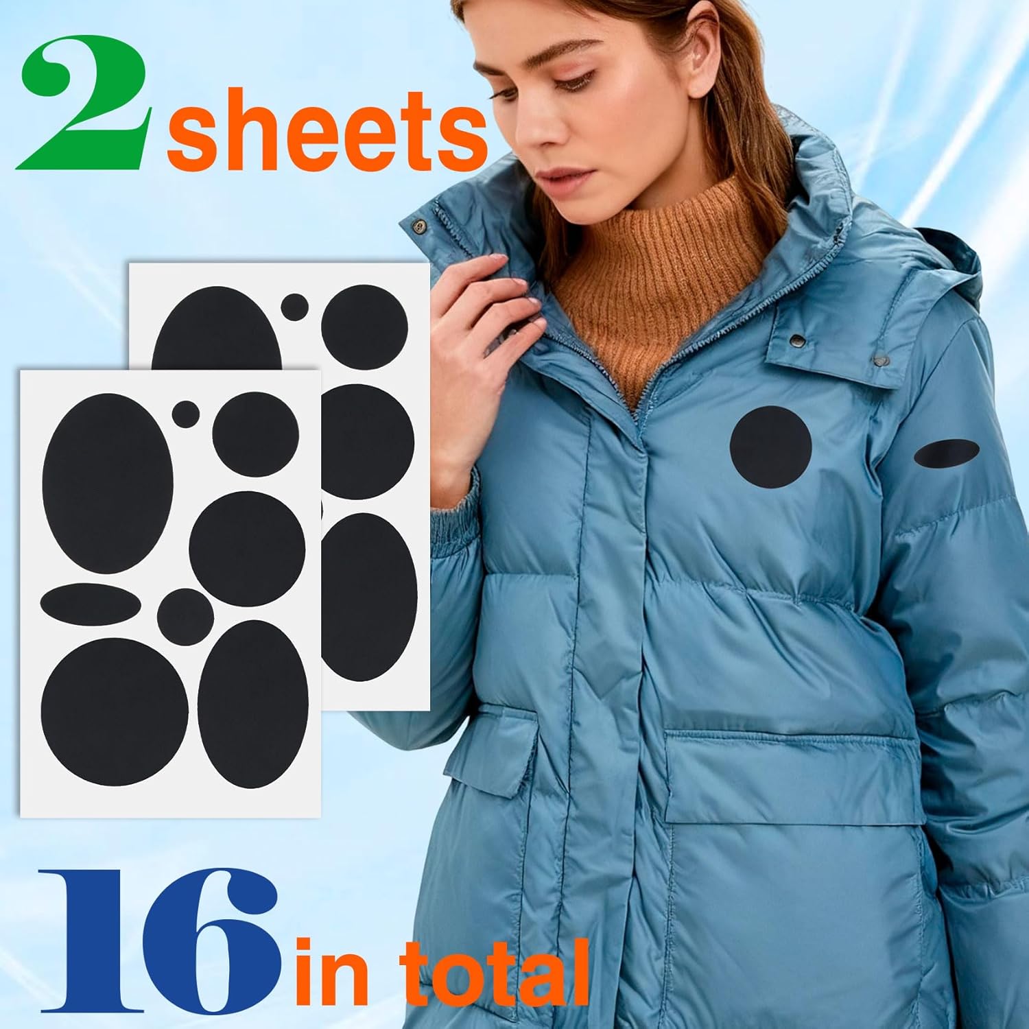 OIIKI Waterproof Puffer Down Jacket Repair Patches - 16pcs Self-Adhesive Nylon Fabric Stickers | Black