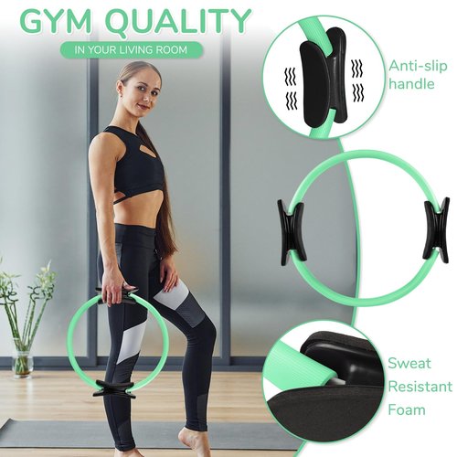 TOPZGLEEY Pilates Ring Set – 14" Anti-Deformation Magic Circle with Padded Handles, Mini Ball, 5 Resistance Bands, Guide, Pilates Equipment for Home Workout (Turquoise)