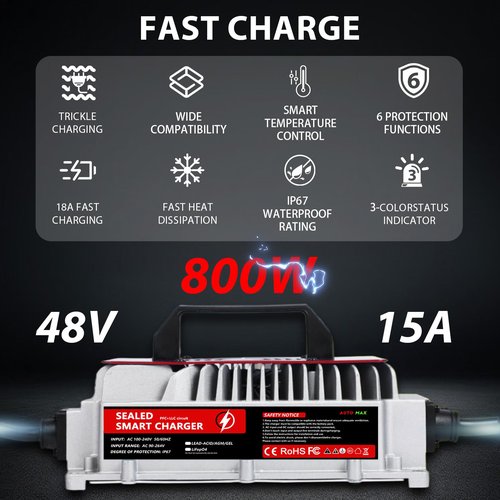 Voolex 15A 48V Golf Cart Battery aCharger for EZGO RXV & TXT Waterproof Fully Automatic Trickle Charger with 3-Pin Triangular Plug, Compatible with Lead-Acid Batteries