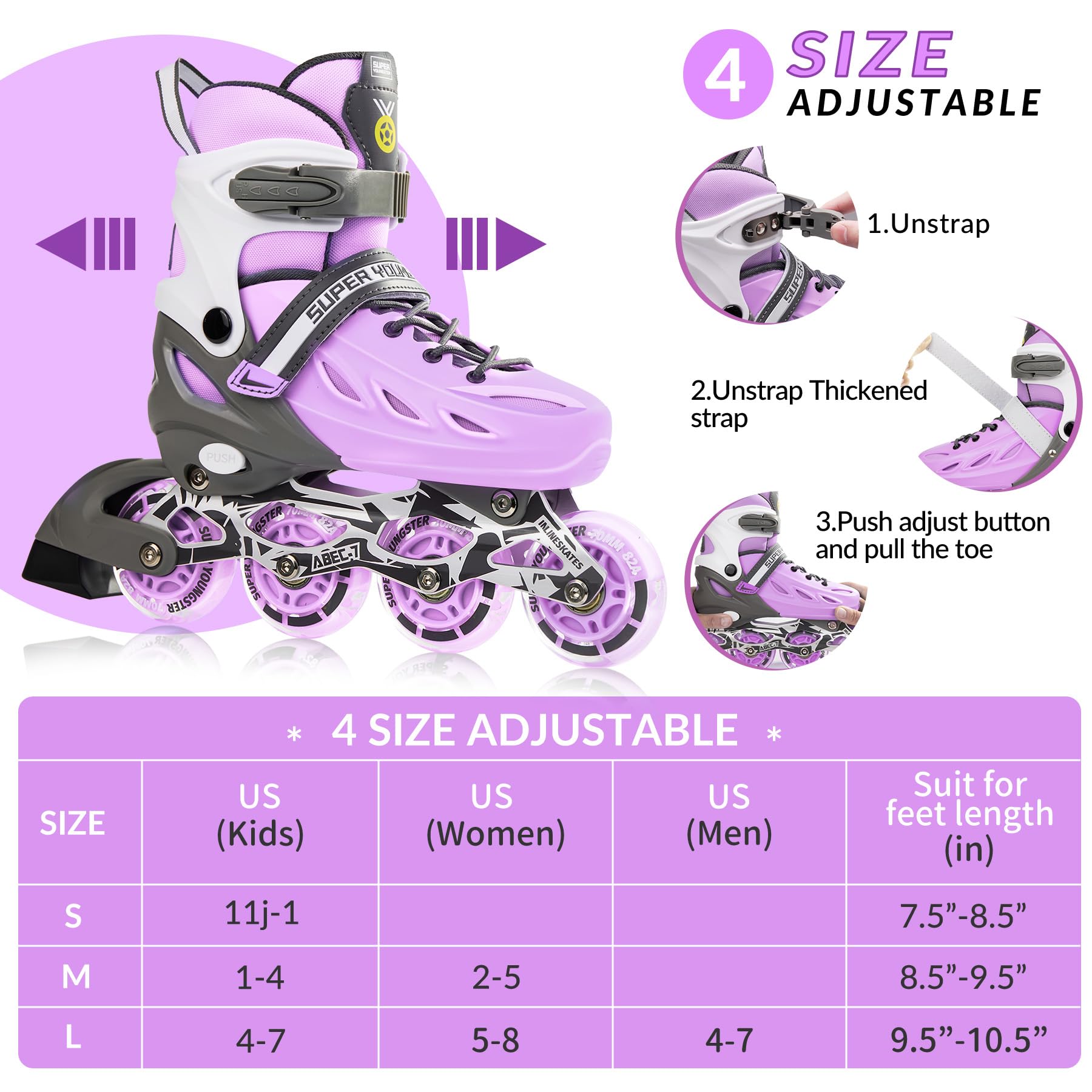 SUPER YOUNGSTER Adjustable Inline Skates for Boys Girls Ages 4-12 with Light Up Wheels, Roller Skates Blades for Youth Kids Indoor & Outdoor Beginners
