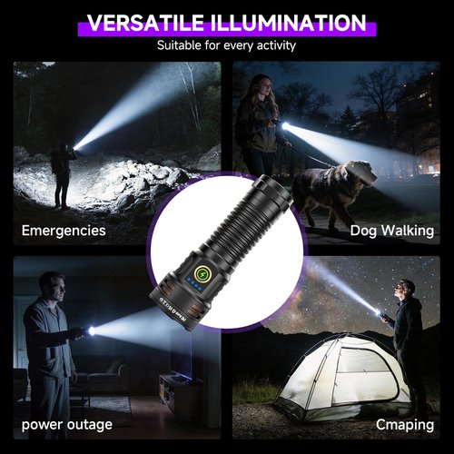 2-in-1 Powerful Blacklight LED Flashlight - UV&High Lumens Tactical Rechargeable Flash Light, 7 Modes, 18H Long Lasting, Super Bright Waterproof Detector for Pet Urine Curing Resin Camping Emergencies
