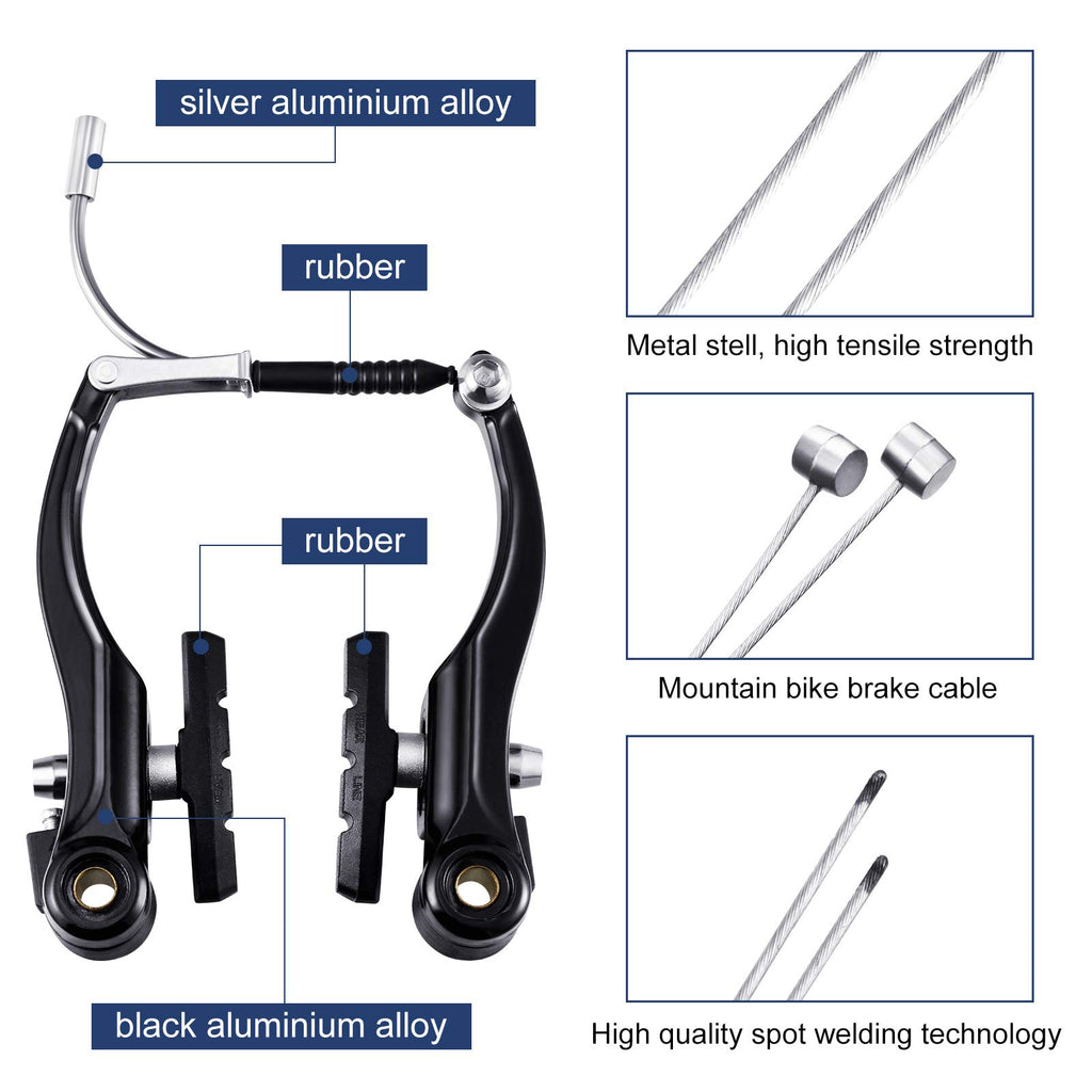 Riakrum 2 Sets Bike Brakes Include 2 Pairs V-type Brakes with 2 Pieces Braking Cables and 4 Pieces Cable End Caps for Mountain Bikes