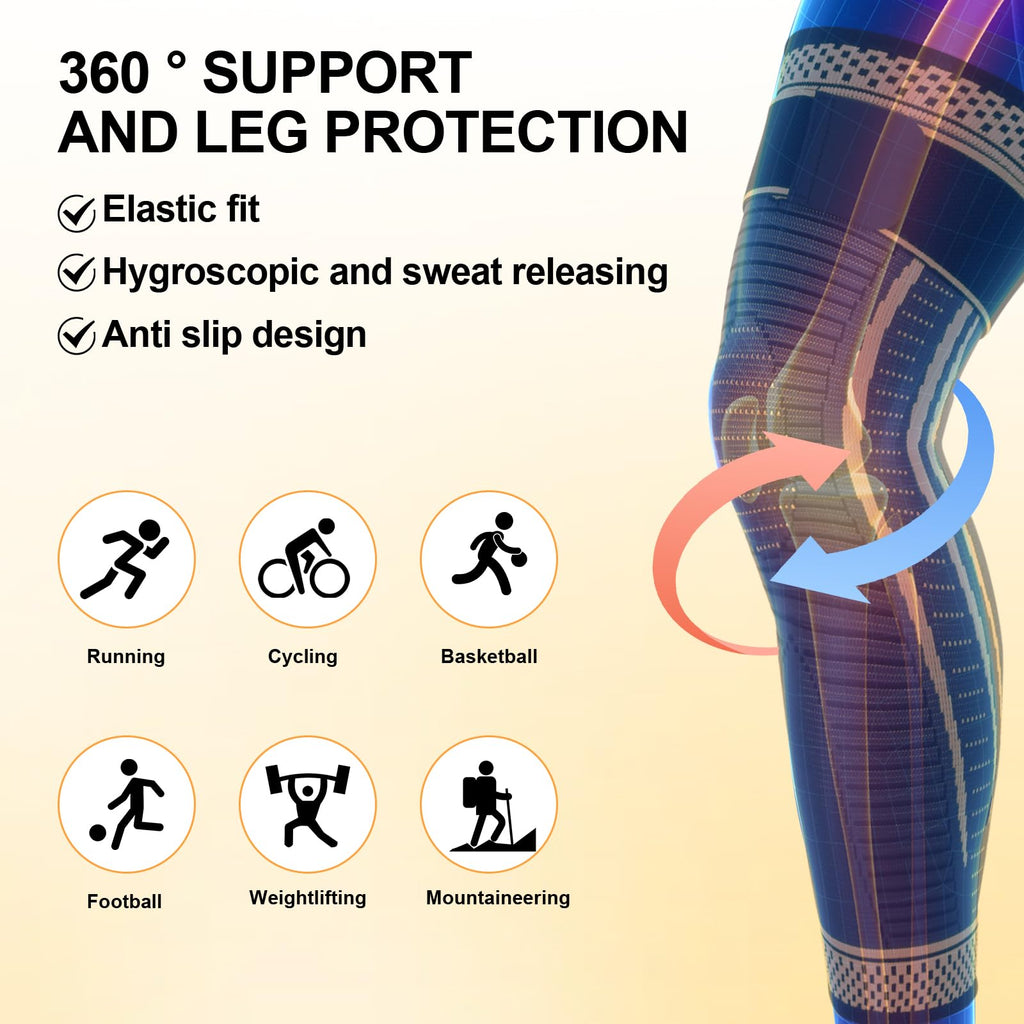 Ruilaibao Long Copper Knee Braces for Women and Men Full Leg Compression Sleeves Anti Sliping Ventilation Long Knee Support with Wraps for ACJ, PCL, Meniscus Tear, Arthritis (Copper, Medium)