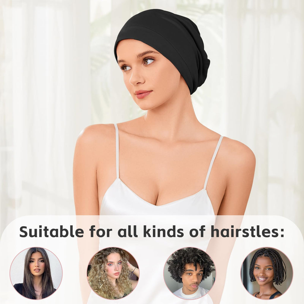 Silk Bonnet for Sleeping Women, Adjustable Silky Satin Lined Sleep Cap, Silk Hair Wrap for Sleep Night Cap for Natural Curly Hair 2PCS(Black&Navy Blue)