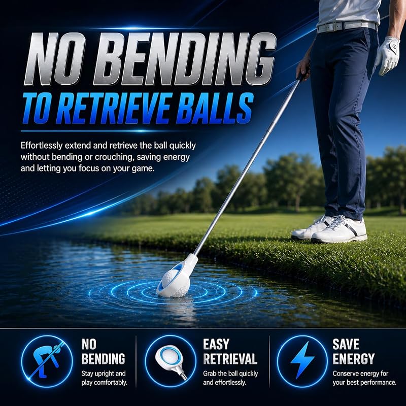 CHAMPKEY 9 Ft Pressure Golf Ball Retriever with Thick Stainless Steel Shaft and Rubber Grip