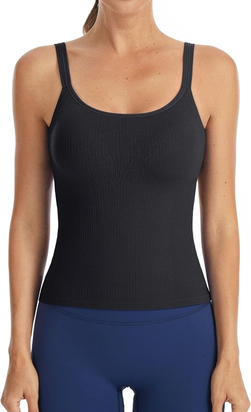 ATTRACO Ribbed Workout Tank Top - Built-In Bra Yoga U-Back Crop Top for Women | Tight Fit Gym Wear