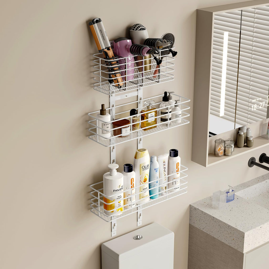 Yuyetuyo 5-Tier Over The Door Organizer Bathroom Shelves Hair Tool Organizer - Hair Dryer Holder Adjustable Height, DIY Bathroom Storage Shelf Wall Mounted Behind The Door Storage