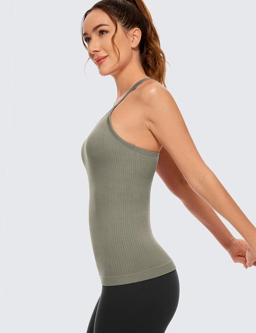CRZ YOGA Seamless Ribbed Racerback Tank Top - Built-In Bra, Padded Scoop Neck, Slimming Fit