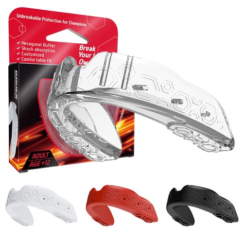 GOHEX Sports Mouthguard for Adults – Shock-Absorbing Mouth Guard with Chin Guard for All Contact Sports, Boxing, Lacrosse, Football, Hockey, MMA, and Martial Arts (Clear)