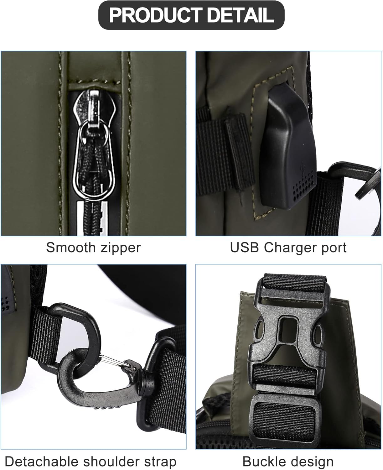 SEAFEW Sling Crossbody Backpack - Lightweight One Strap Bag with USB Charger Port | Olive Green