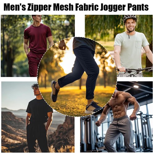 3PC Men's Zipper Mesh Fabric Jogger Pants - Breathable & Flexible Fit, Comfortable for Sports & Casual Wear