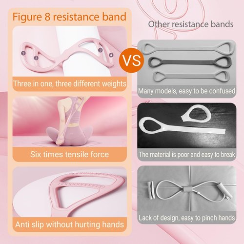 Figure 8 Resistance Band, Upgraded Full Body Training Multi-Function Design, Women's Multi-Function Resistance Band, Anti-Skid handleportable, Ideal for Yoga and Pilates Stretching Exercises-Pink+Blue