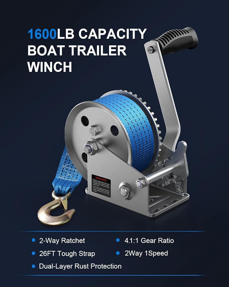 1600 lb Boat Trailer Winch with Strap - Hand Winch for Boat, ATV