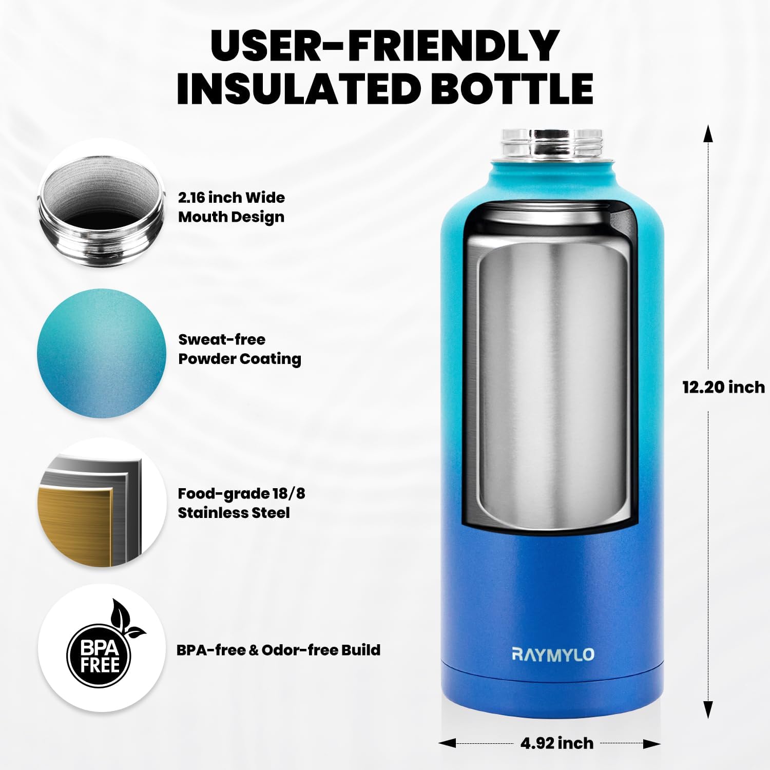 Skiennix Insulated Water Bottle - 87 Oz Triple Wall Vacuum Stainless Steel | Cold for 48 Hrs, Leak Proof, Cyan Blue