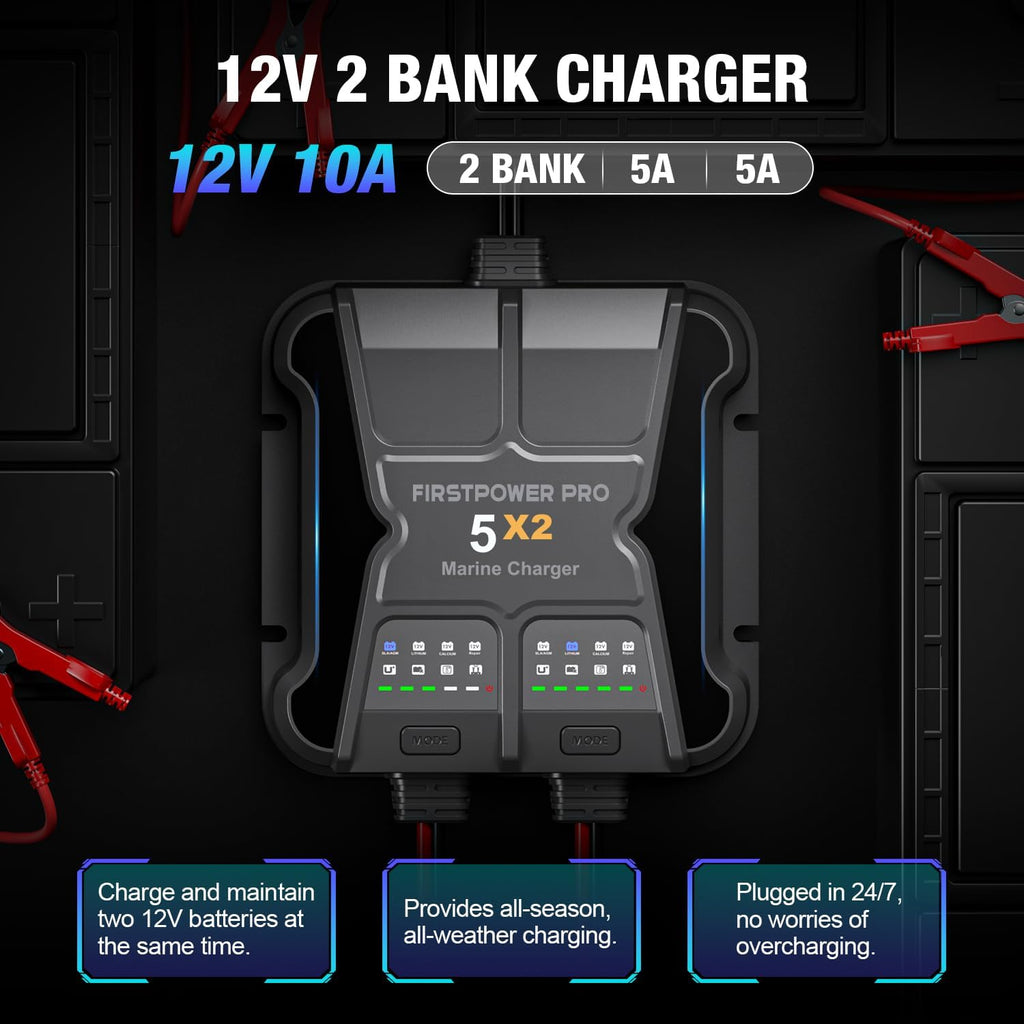 2 Bank Marine Battery Charger - 10A Waterproof Onboard Battery Maintainer & Desulfator for SLA/AGM, Lithium, Calcium & Deep-Cycle Batteries