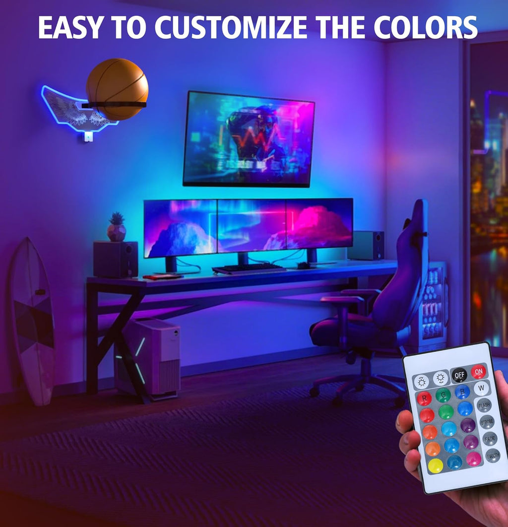 Skiennix Wall Mount Basketball Holder - LED Night Light & Remote Control Storage Rack for Kids
