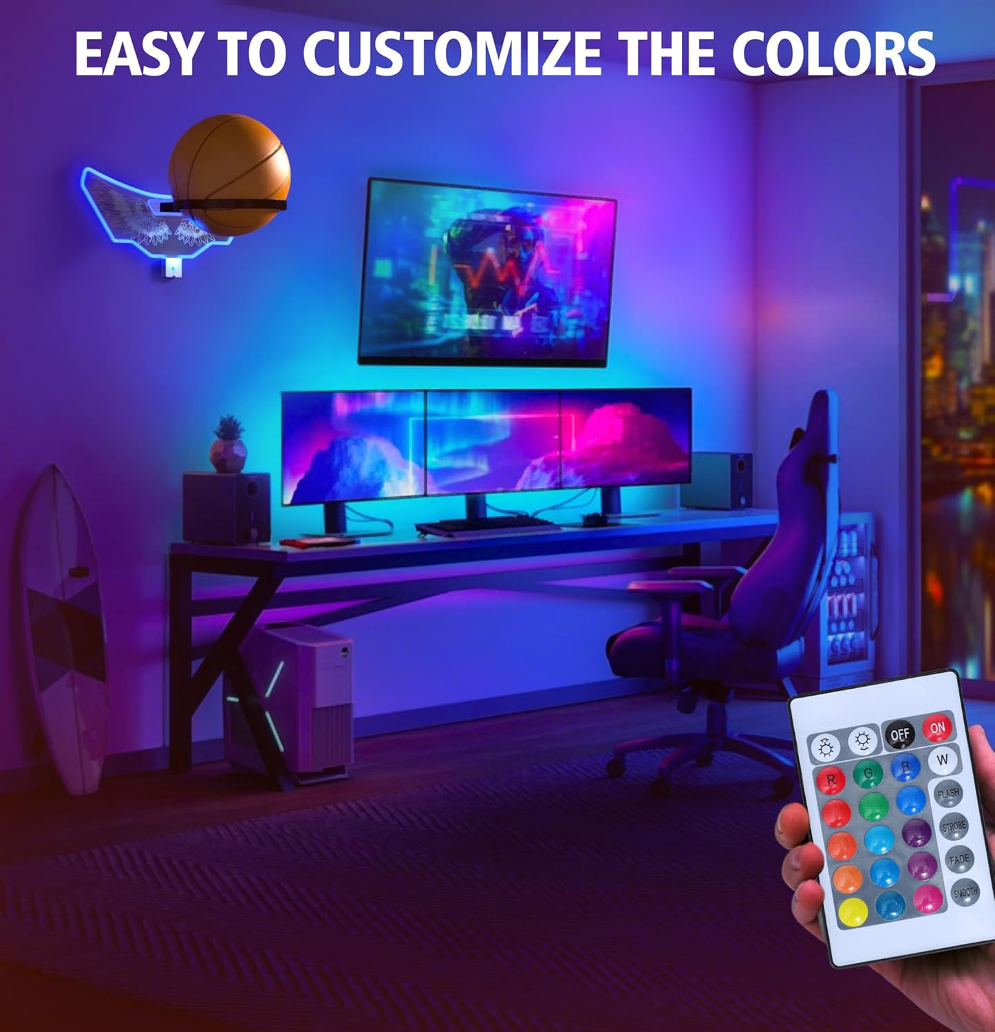 Skiennix Wall Mount Basketball Holder - LED Night Light & Remote Control Storage Rack for Kids