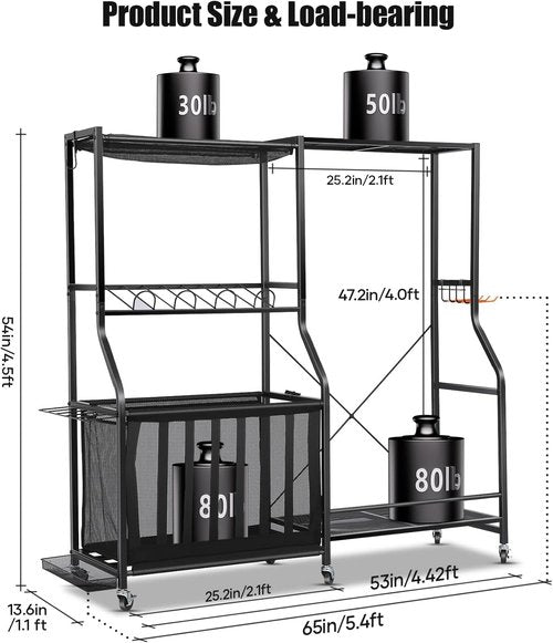 Garage Sports Equipment Organizer - Heavy-Duty Rolling Golf Bag Storage Rack with Bins & Hooks | Black, Large