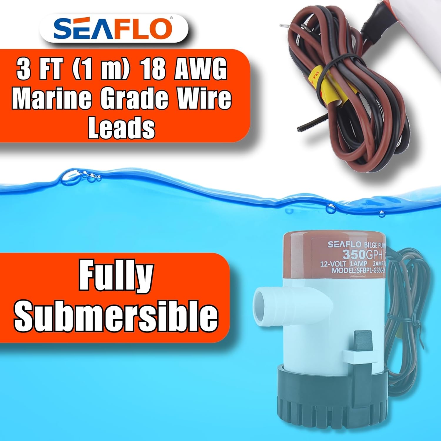 SEAFLO 01 Series 350 GPH Bilge Pump - 12V Marine Submersible Pump with Anti-Airlock Protection | 4-Year Warranty
