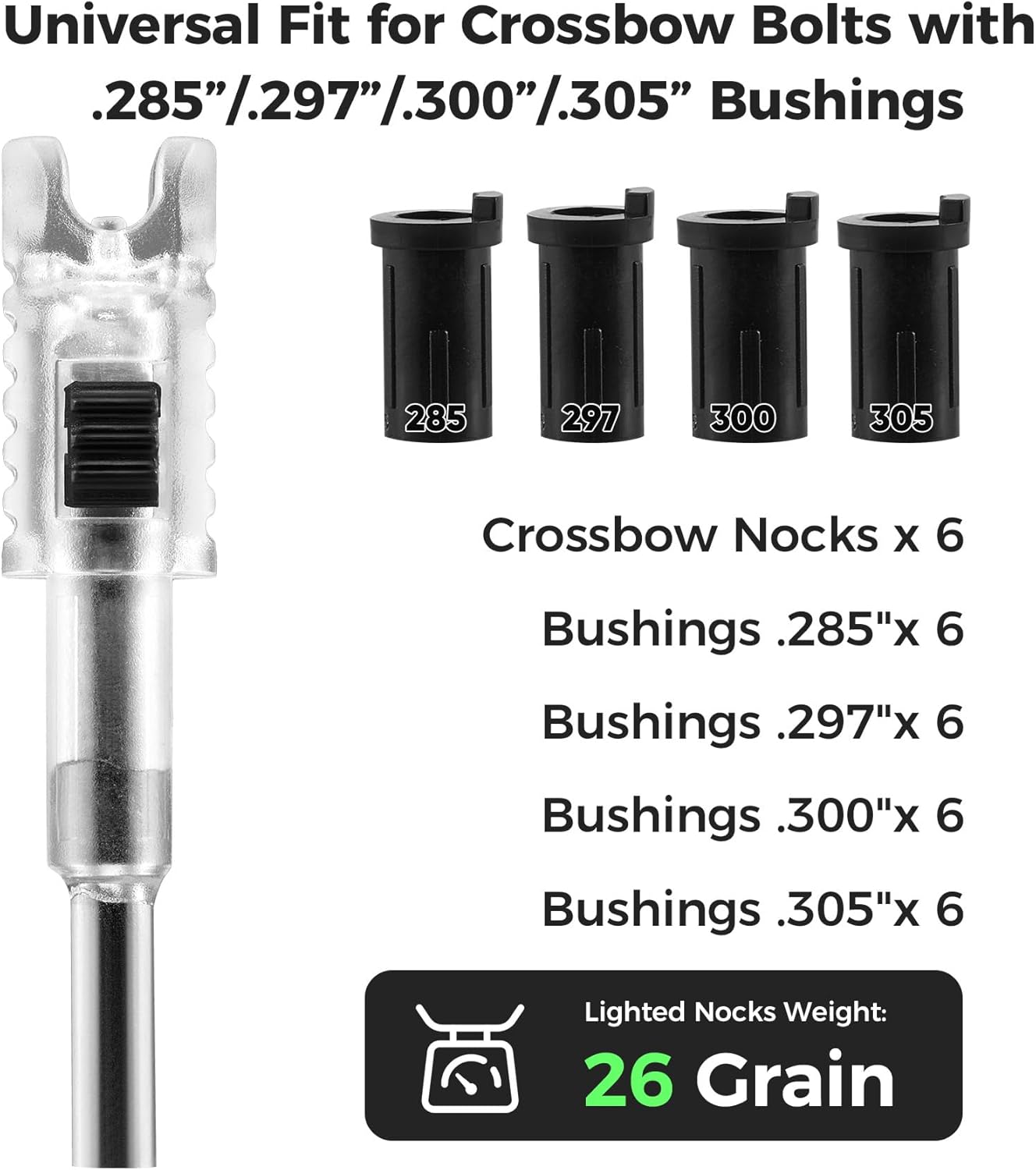 Skiennix Lighted Crossbow Nocks - 6 Pack with Half-Moon Design & Multiple Bushings (.285, .297, .300, .305)
