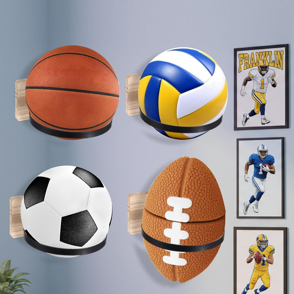 Skiennix Wall Mount Ball Holder - Wooden Base Sports Display Rack for Basketball, Football, Soccer, Volleyball