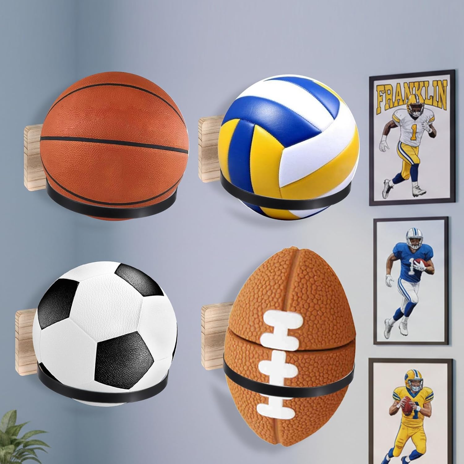 Skiennix Wall Mount Ball Holder - Wooden Base Sports Display Rack for Basketball, Football, Soccer, Volleyball