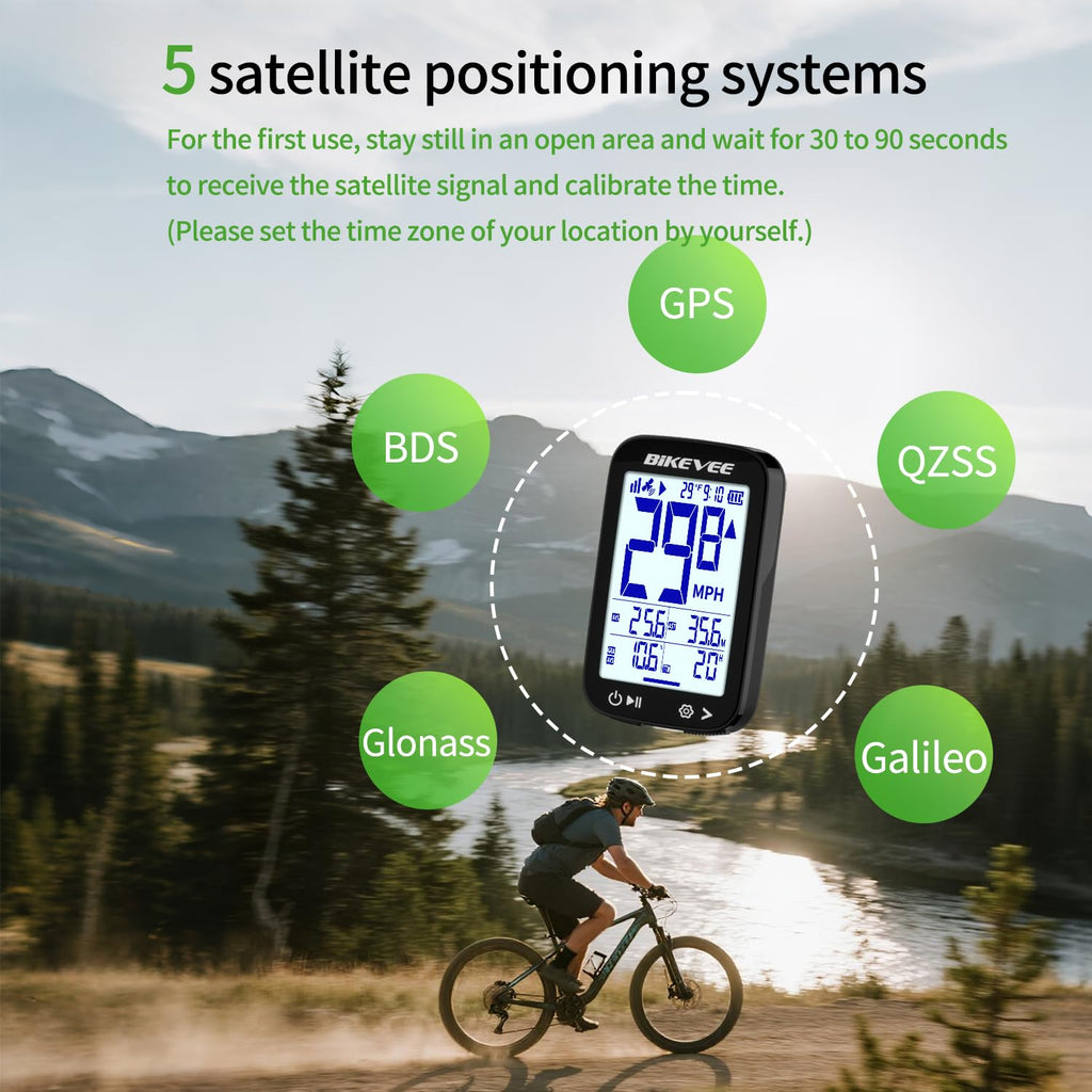 Bikevee GPS Bike Computer Wireless Cycling Computer with Auto Backlight, Waterproof Bicycle Speedometer Odometer for Road Mountain Bikes - Balck