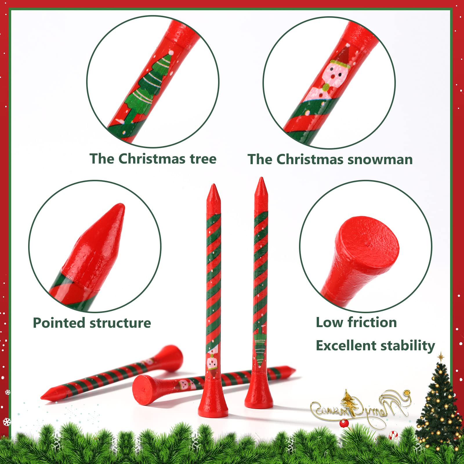 ZALORD Marry Christmas Golf Tees 3 1/4 Inch Unbreakable Pack of 60 Long Christmas Golf Tees Wood Reduce Side Spin and Friction (Christmas)