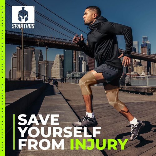 Sparthos Knee Compression Sleeves (Pair) – Joint Protection and Support for Sports, Running – Knee Brace for Men and Women – ACL Bursitis Meniscus Tear - Check Size Chart (Beige-L, 10-12″ Knee)
