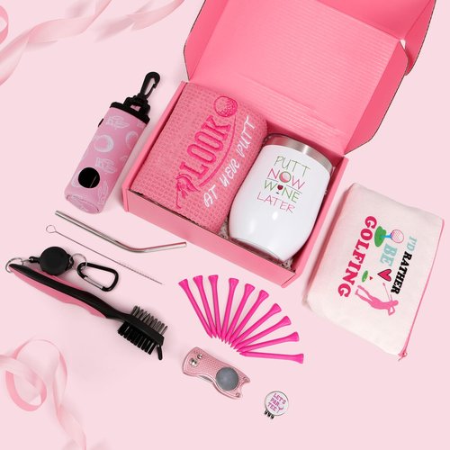 20 Pcs Pink Golf Accessories Kit Include Wine Tumbler Hat Clip Golf Tees Towel Makeup Bag Ball Bag with Hook Cleaner Brush Divot Tool with Magnetic Ball Marker Gifts Set for Women Ladies Golfer