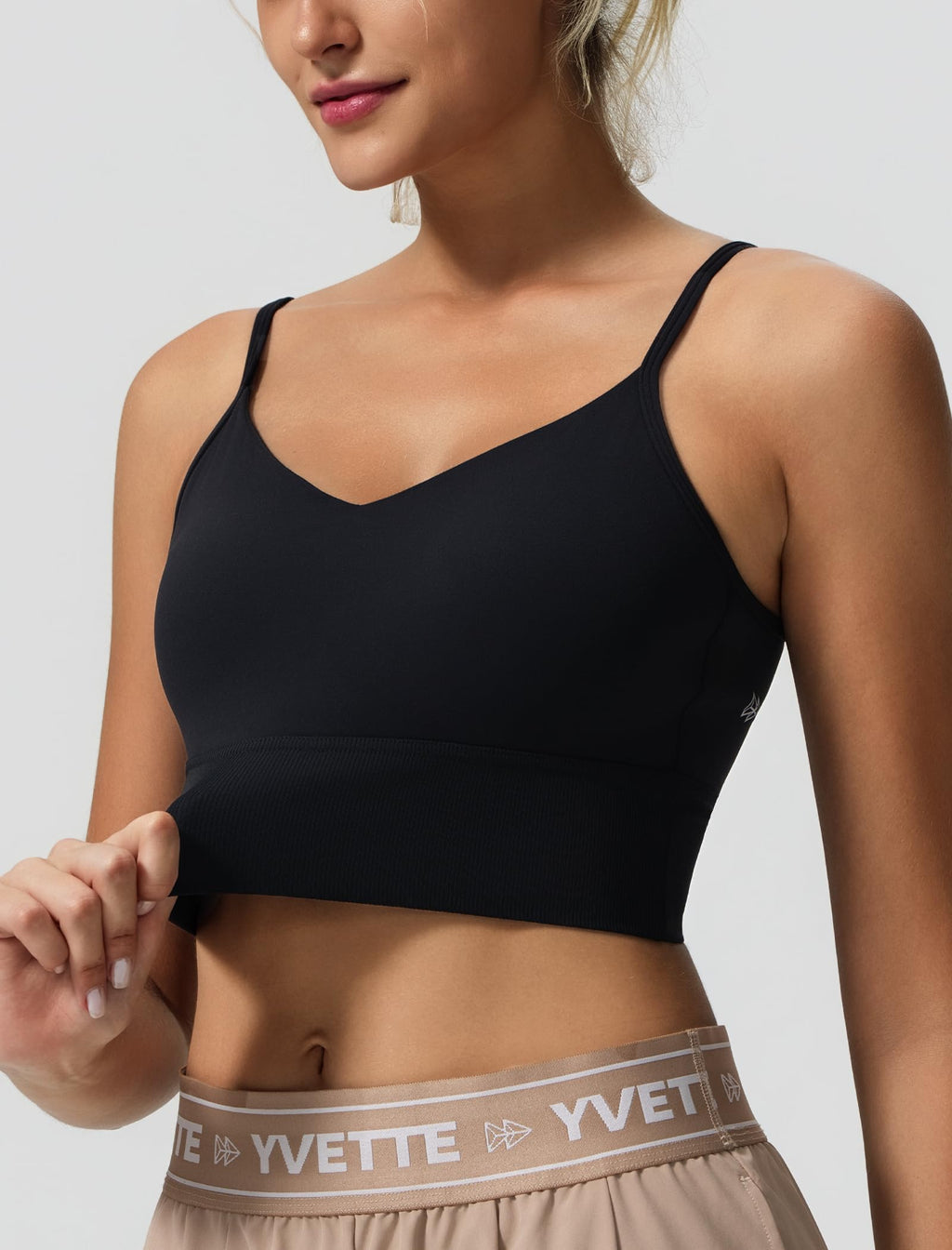 Yvette Adjustable Spaghetti Straps V Back Sports Bras for Women Light Support Padded Wireless Yoga Bra Cropped Tank Top,Black,M