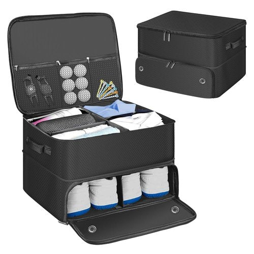 Jenlan Golf Trunk Organizer, 2 Layer Car Trunk Locker with Separate Ventilated Shoe Compartment - Waterproof Golf Accessories Storage for Balls, Tees, Clothes, Gloves | Golf Gifts for Men Golfers