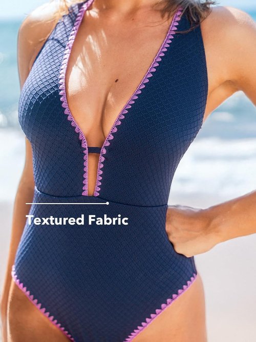 CUPSHE One Piece Swimsuit - Tummy Control V Neck Cutout Design | Textured Cheeky Bottom