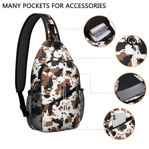 Cow Printed Sling Bag for Women Men Small Crossbody Sling Backpack Travel Hiking Daypack Cow Print Chest Shoulder Bag