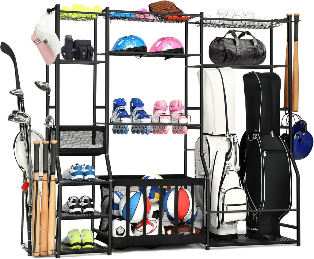 Skiennix Large Garage Sports Equipment Organizer - Upgraded Rack with Holder & Hooks for Balls | Indoor/Outdoor Basketball Storage