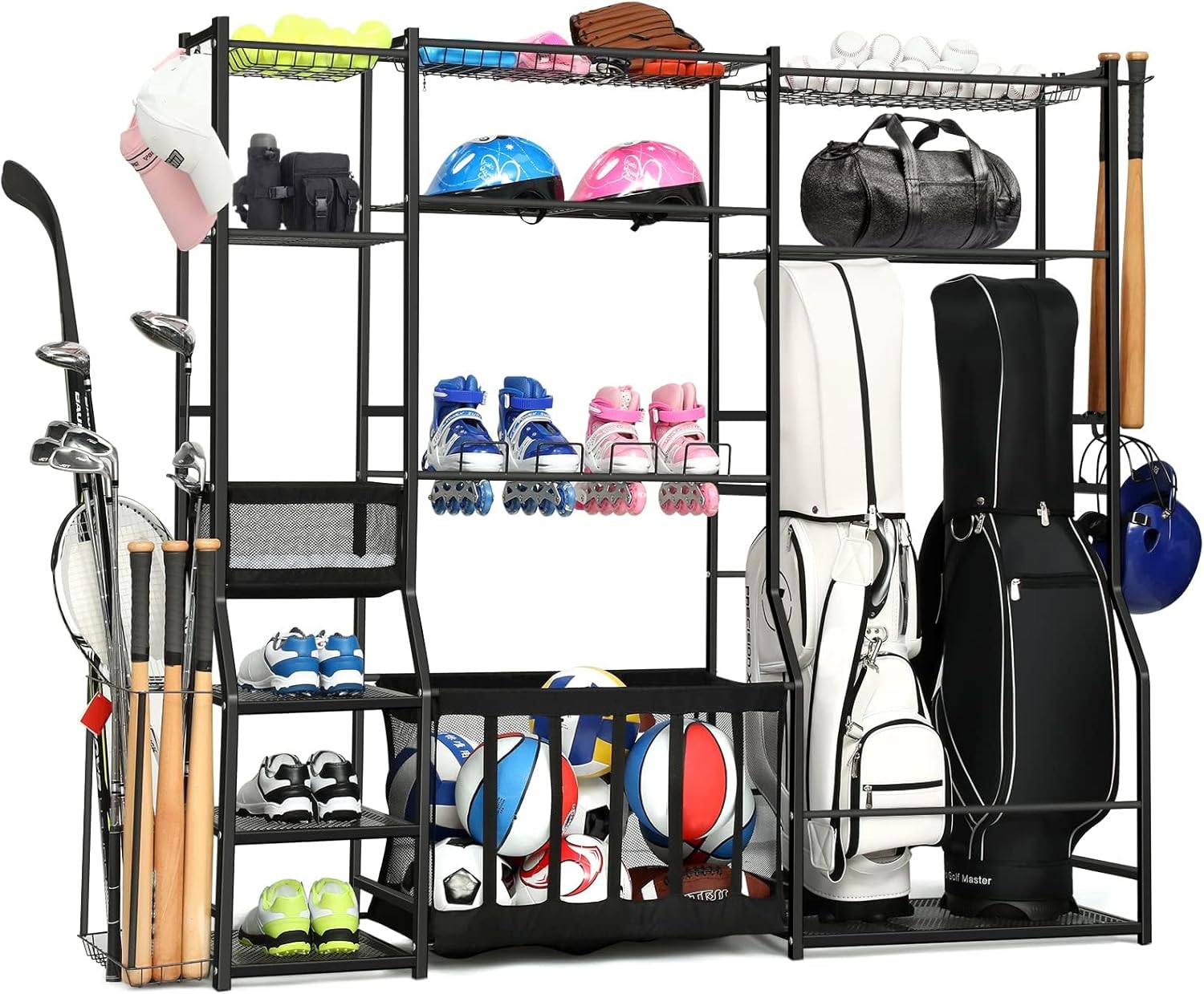 Skiennix Large Garage Sports Equipment Organizer - Upgraded Rack with Holder & Hooks for Balls | Indoor/Outdoor Basketball Storage