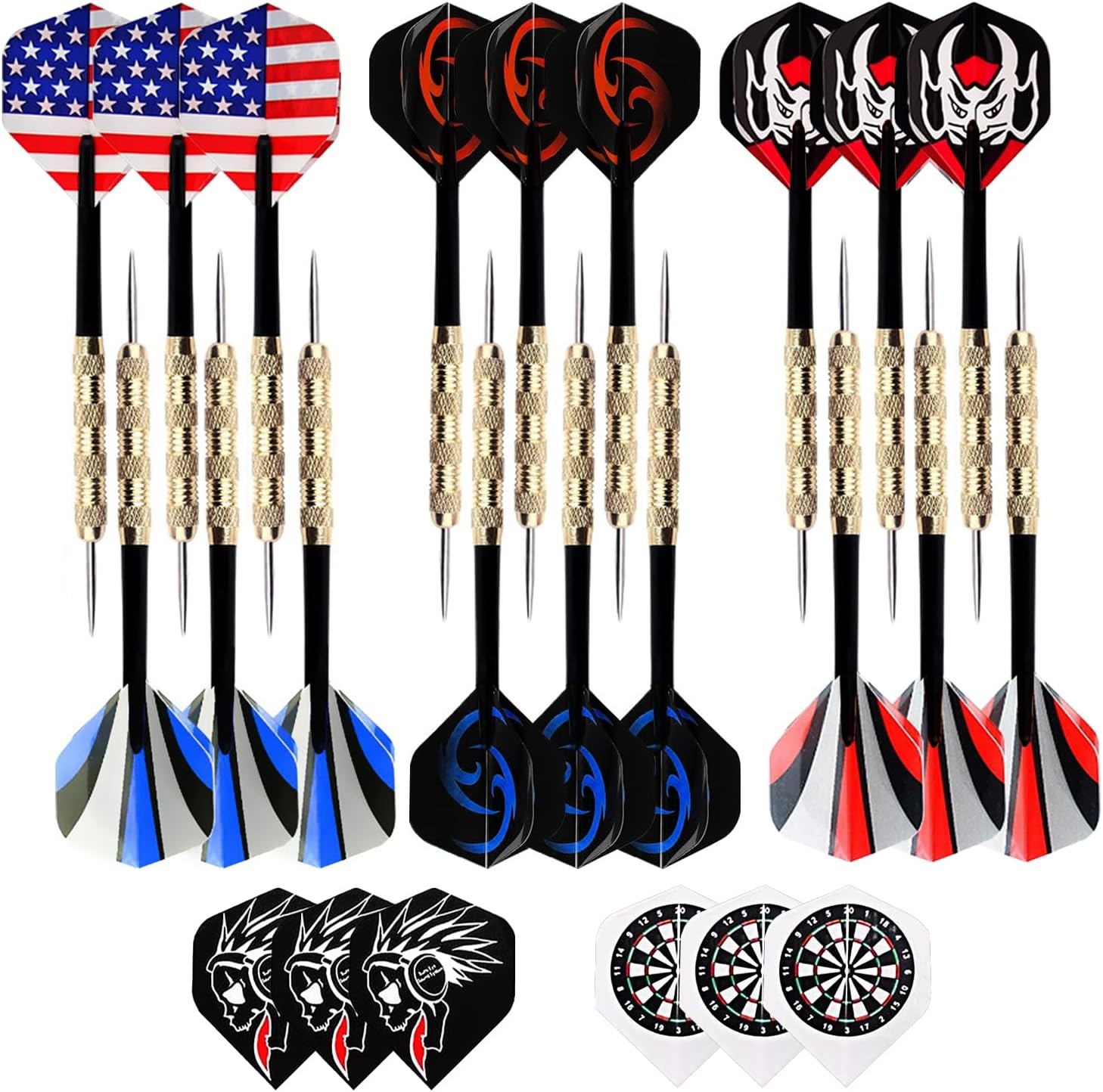 Steel Tip Darts - 18 Pack Professional Metal Dart Set with 24 Unique Flights for Dart Boards