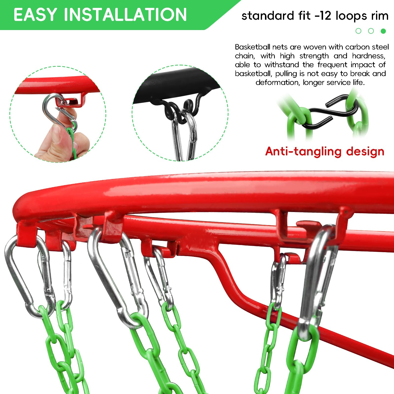 Chain Basketball Net Heavy Duty Replacement,Carbon Steel Basketball net, Anti-Rust Use Indoor Outdoor Standard 12 Loops Basketball Hoop,Green