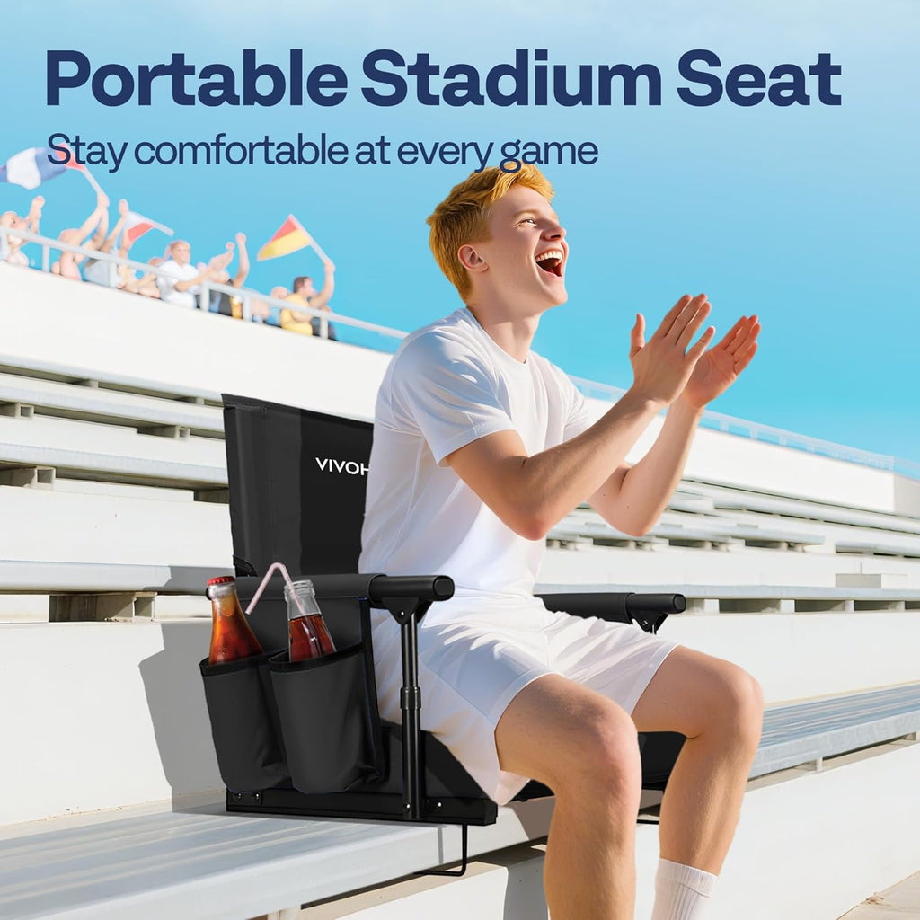 VIVOHOME Portable Stadium Seat - Comfortable Bleacher Chair with Back Support & Cup Holder | Black