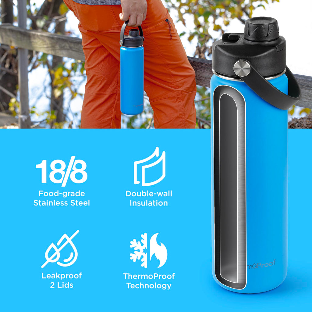 ThermoProof Double-Walled Vacuum Insulated Stainless Steel Water Bottle - Wide Mouth with Chug & Spout Lids, Dishwasher Safe, Reusable, Leakproof, Hot & Cold for Men, Women & Kids - 22oz, Light Blue