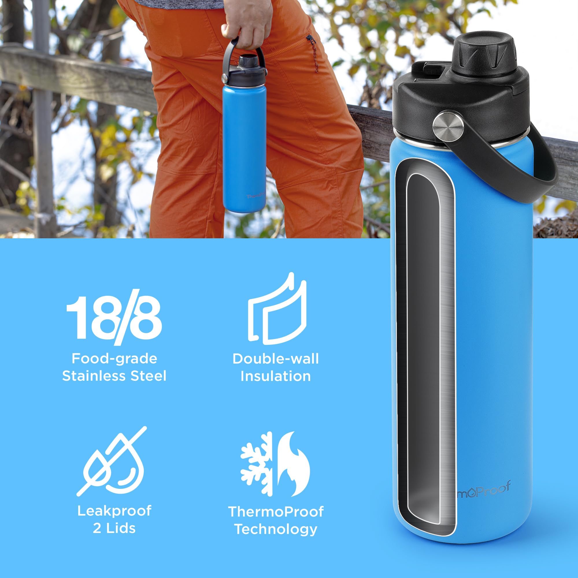 ThermoProof Double-Walled Vacuum Insulated Stainless Steel Water Bottle - Wide Mouth with Chug & Spout Lids, Dishwasher Safe, Reusable, Leakproof, Hot & Cold for Men, Women & Kids - 22oz, Light Blue
